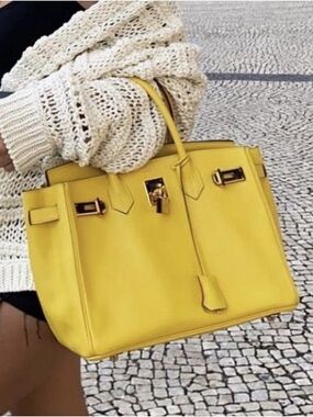 Yellow Birkin inspired bag genuine leather, new with tags